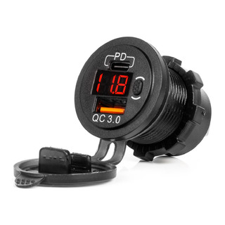 Amio - ΠΡΙΖΑ ΜΕ 2 ΘΥΡΕΣ USB ΚΑΙ ΨΗΦΙΑΚΟ ΒΟΛΤΟΜΕΤΡΟ ΜΕ ΔΙΑΚΟΠΤΗ+ΚΑΠΑΚΙ 12/24V QUICKCHARGE3.0 ΑΔΙΑΒΡΟΧΗ ΜΑΥΡΗ - 1 τεμ. (04222/AM)