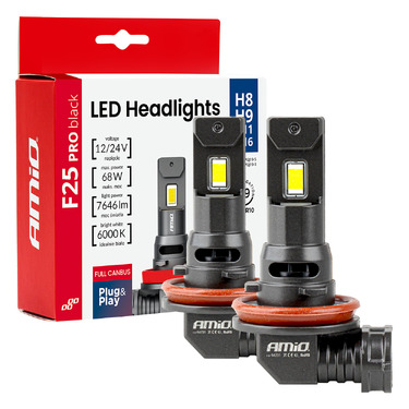 Amio - Λαμπτήρες LED F25 PRO Black Edition H8/H9/H11/H16 68W 12-24V Full CAN Bus με Φωτεινότητα 7646lm σε Ψυχρό Λευκό 6000K για Επιβατικά Αυτοκίνητα & Φορτηγά - Σετ 2 τεμ. (04721/AM)